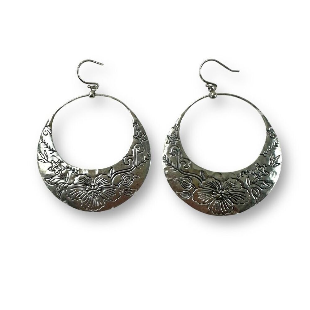 Silpada 925 Sterling Silver Flower Basket Hoops Drop Earrings Boho W2378